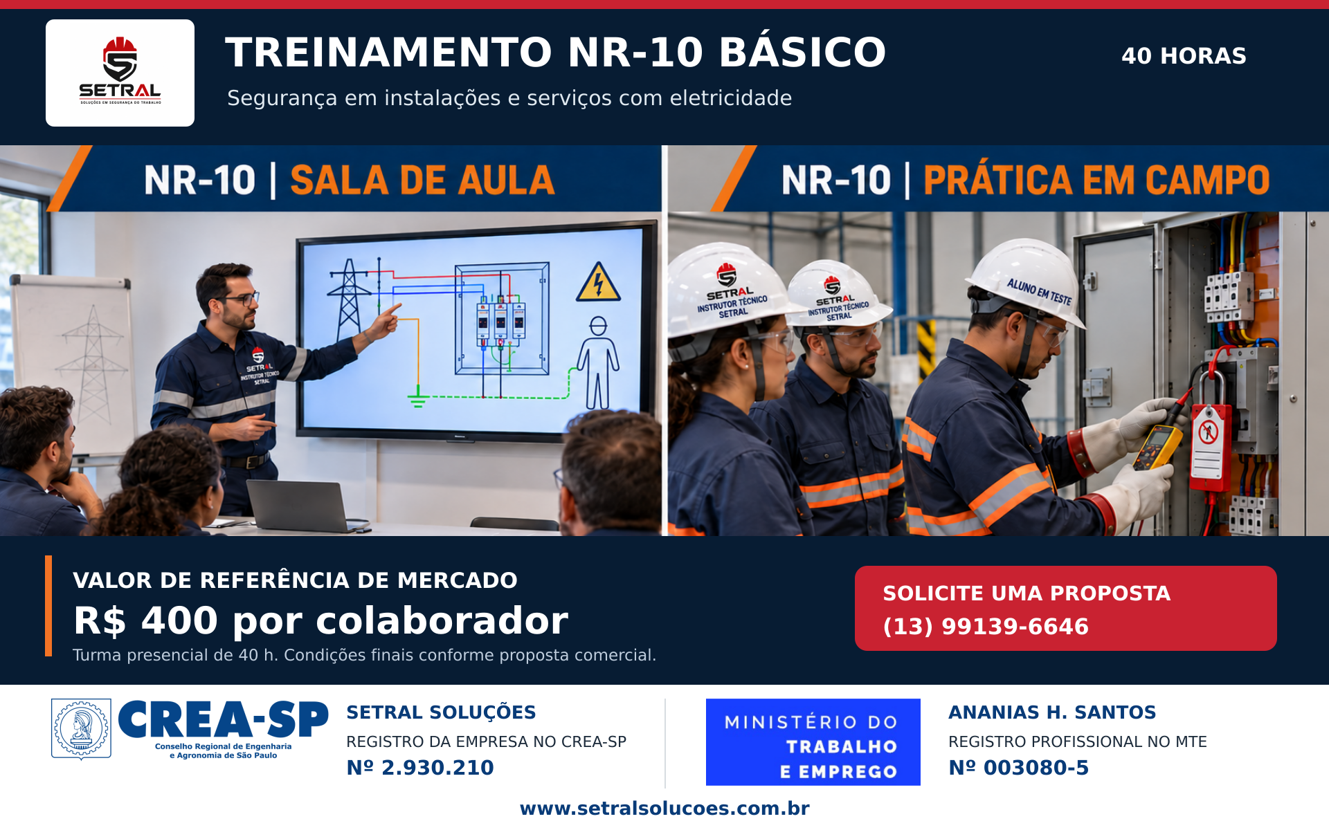 Treinamento NR-10 básico da SETRAL: 40 horas em sala e prática em campo. Valor de referência R$ 400 por colaborador; condições finais sob proposta.